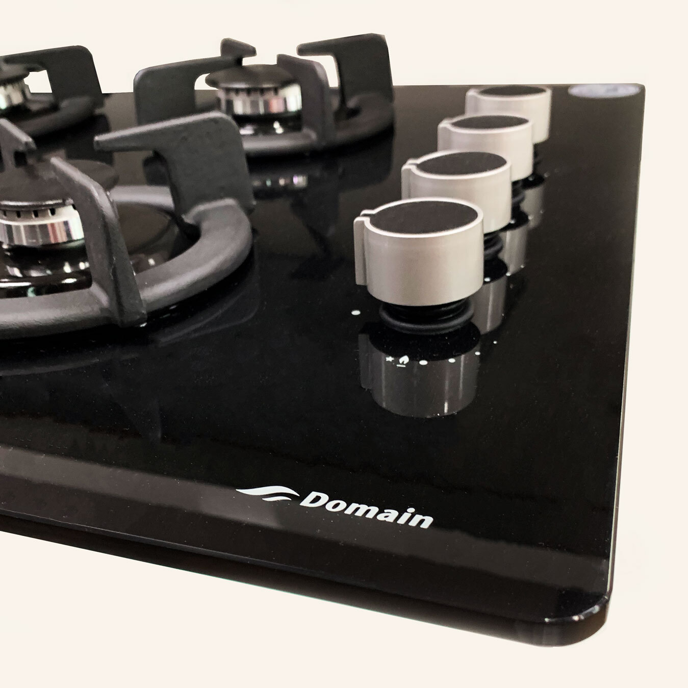 Domain 60cm 4 Burner Black Gas on Glass Cooktop Hob Cast Iron Trivets