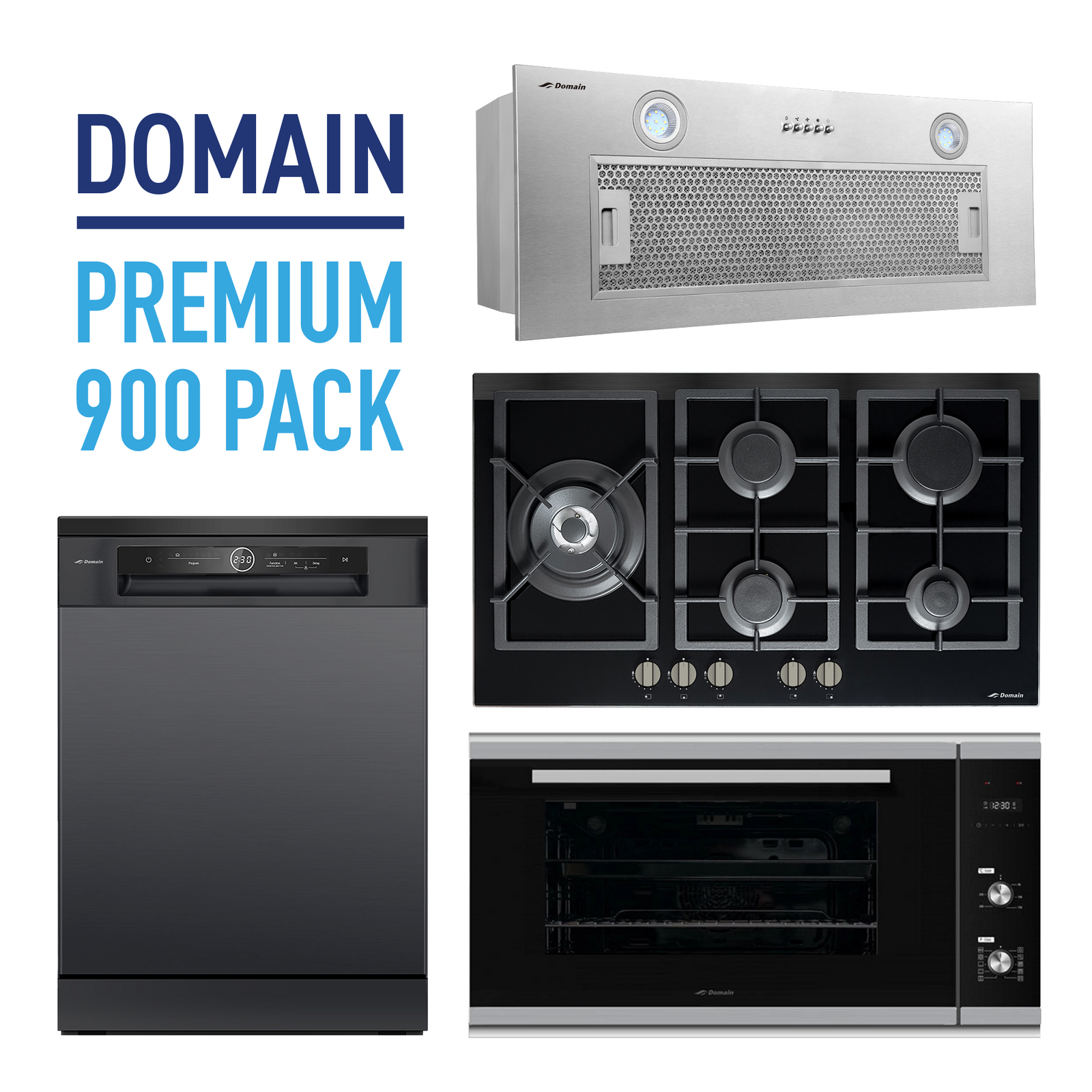 Domain Premium 90cm Kitchen Appliance Package. Oven, Cooktop, Rangehood